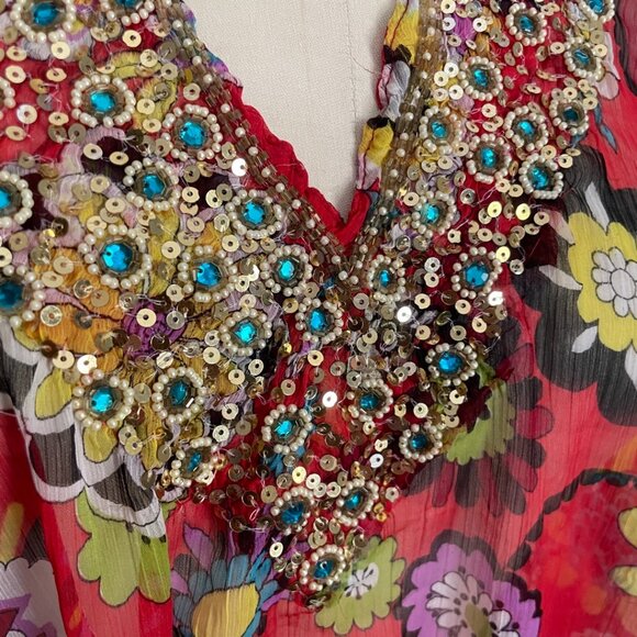 Boho Floral Sheer Tunic Dress with Sequin Beaded Neckline - Picture 11 of 13